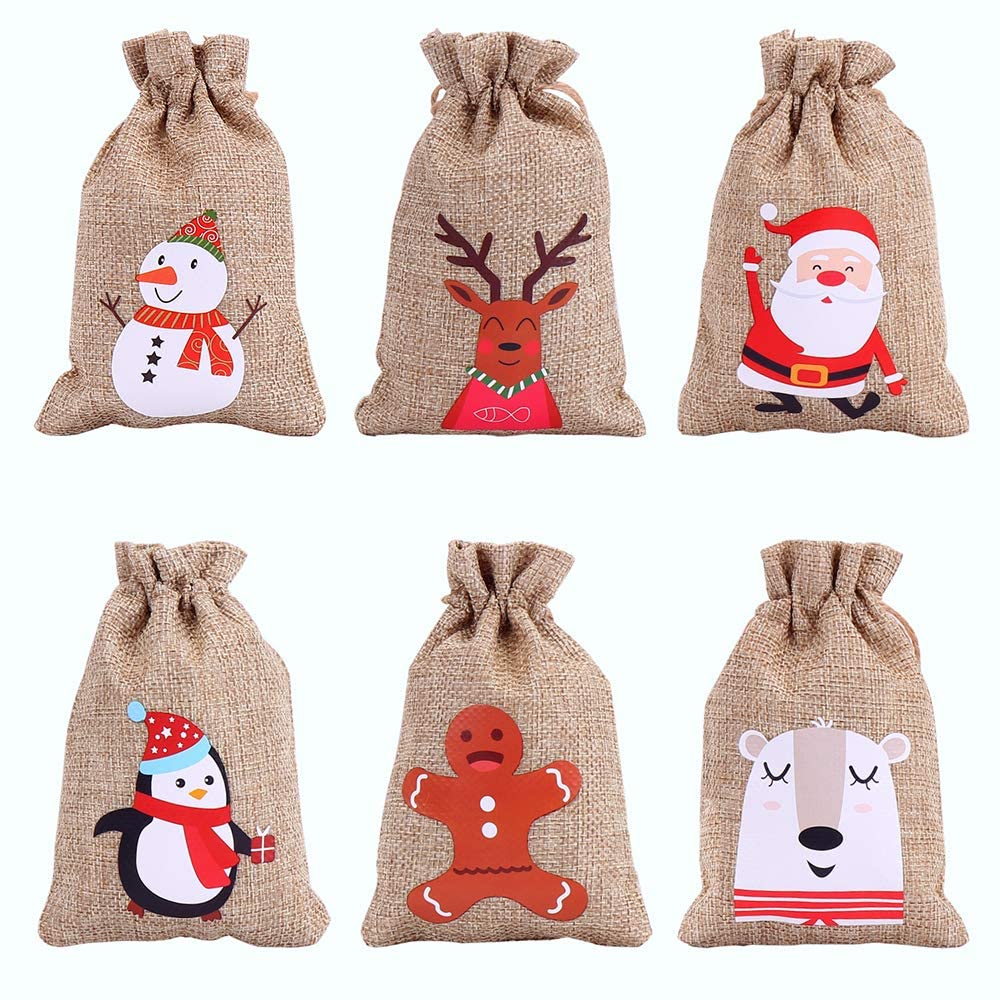 Christmas themed jute drawstring bags - assorted designs