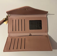 Load image into Gallery viewer, Dusty Pink wallet purse with tassel and charm heart.
